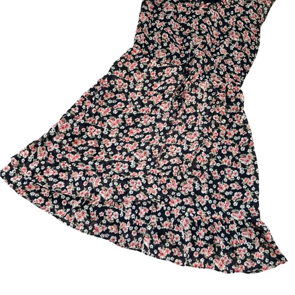 Aqua Floral Mini Dress | Ruffle Hem V-Neck Tie Waist Sleeveless | Size Small - Picture 3 of 6